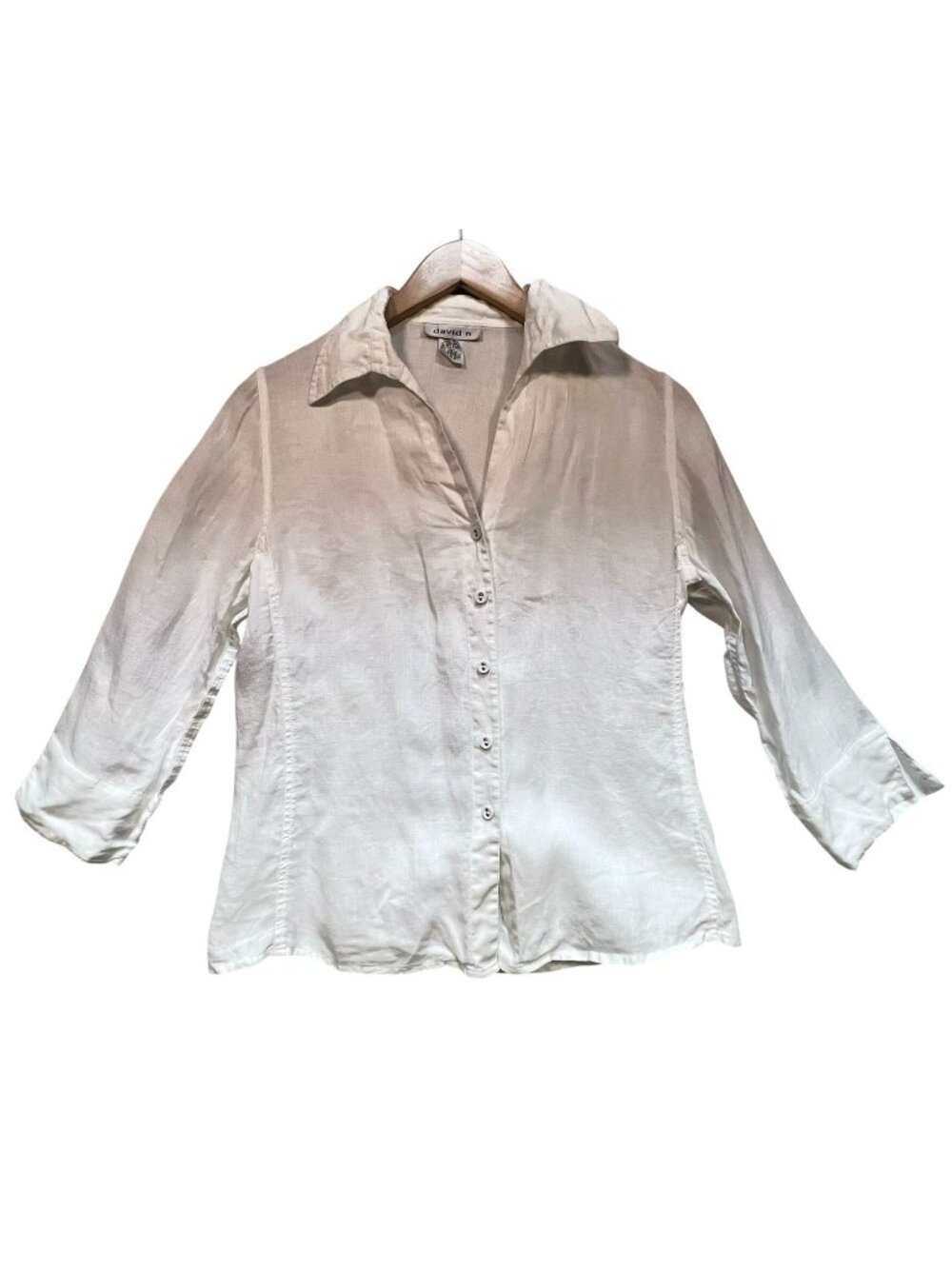 David N Womens Linen Button Up Shirt Medium V-Neck Classic Slit Workwear Casual